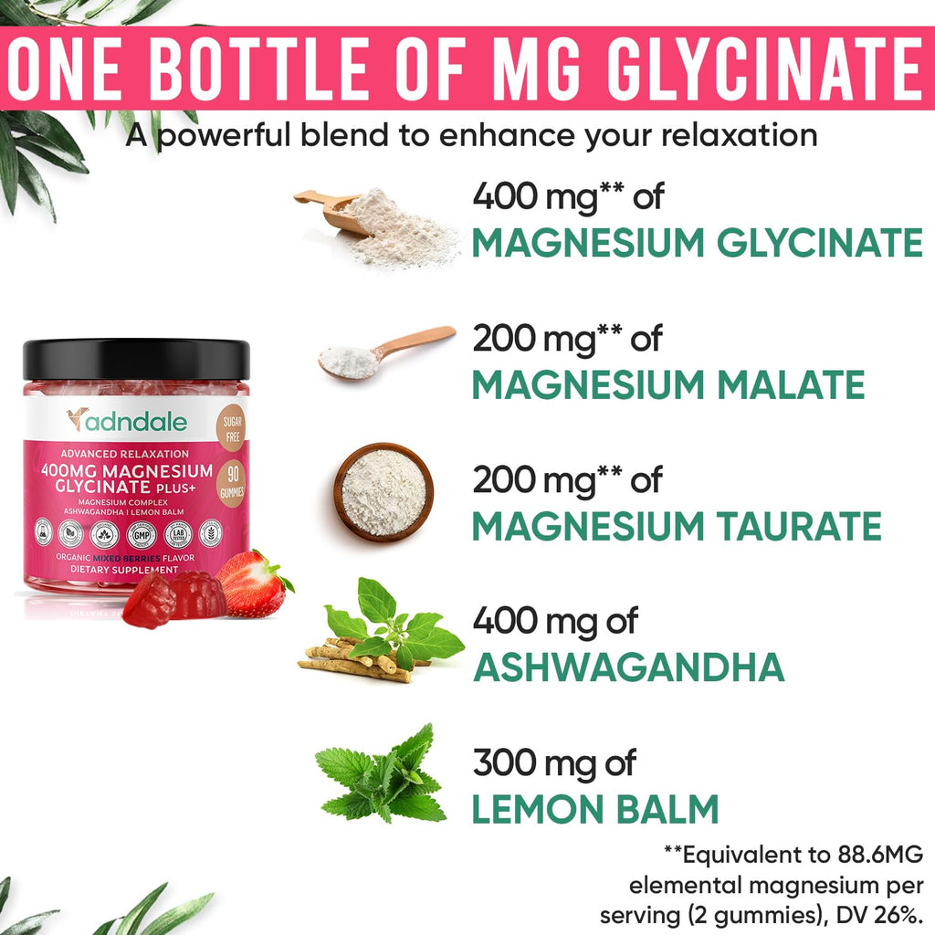 Adndale Magnesium Glycinate Gummies 180 CT with Ashwagandha, Malate & Taurate — Sugar-Free, Mixed Berry