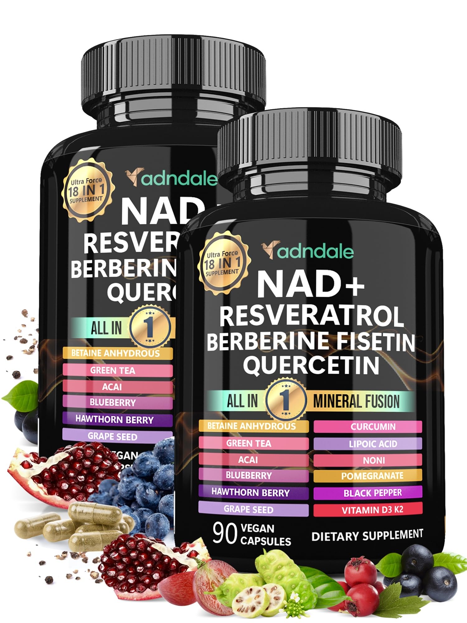 Adndale NAD Supplement – Longevity Formula with NAD+, Trans-Resveratrol, Berberine, Quercetin, 180 Capsules