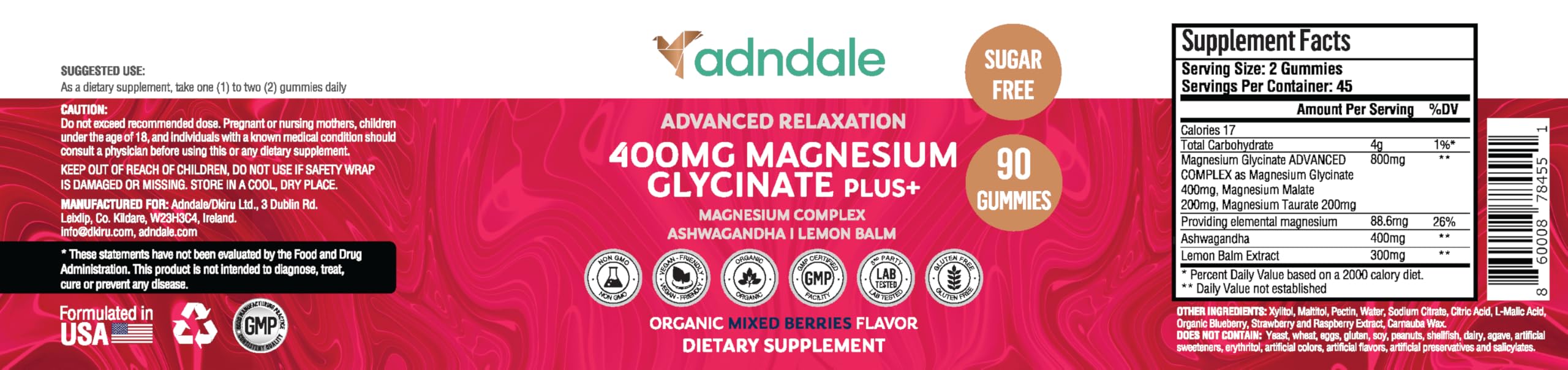 Adndale 90 ct Magnesium Glycinate Gummies with Ashwagandha & Taurate – Sugar-Free