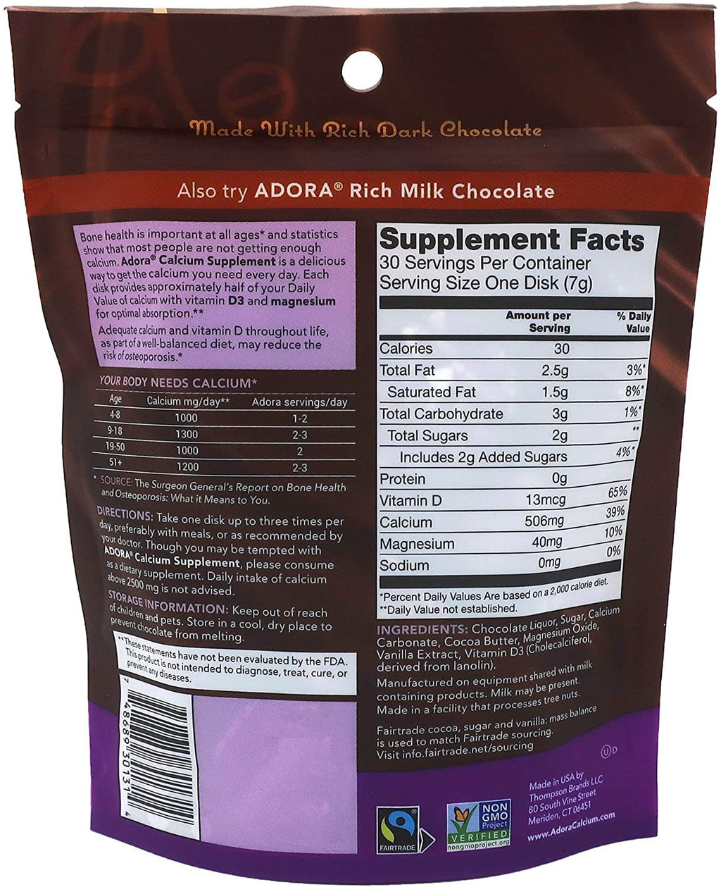 Adora Calcium Supplement – Fairtrade Dark Chocolate, Pack of 12 - 30 ct