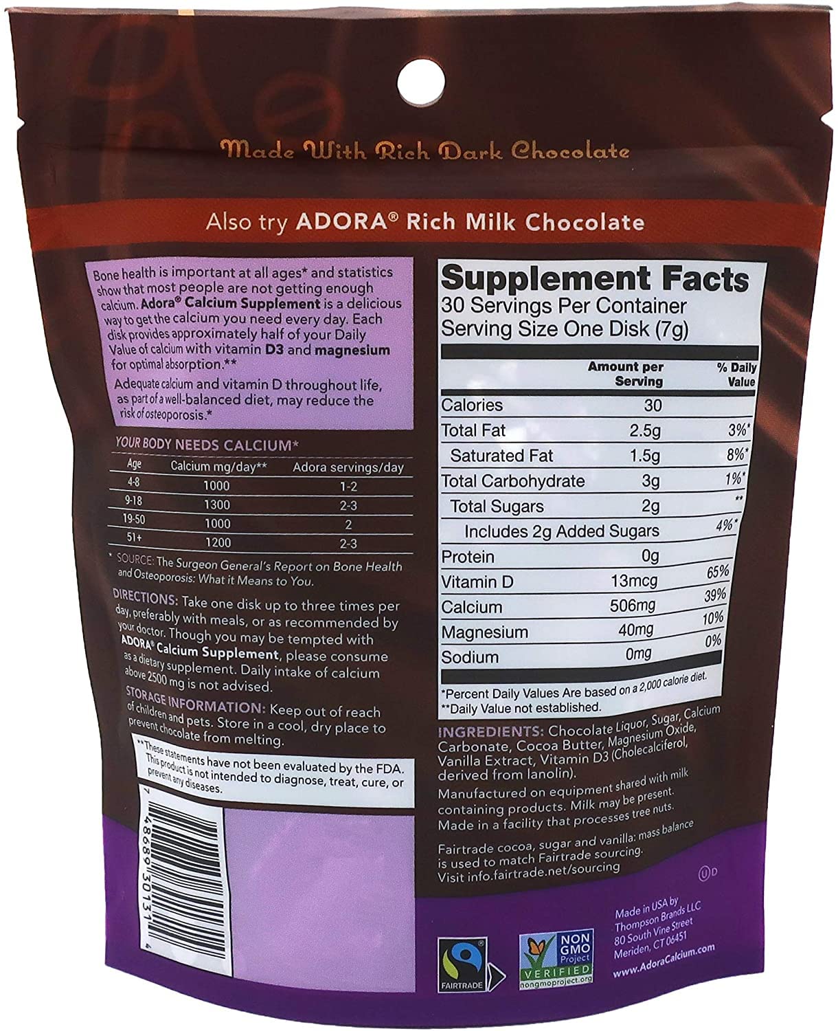 Adora Calcium Supplement – Fairtrade Dark Chocolate, Pack of 12 - 30 ct