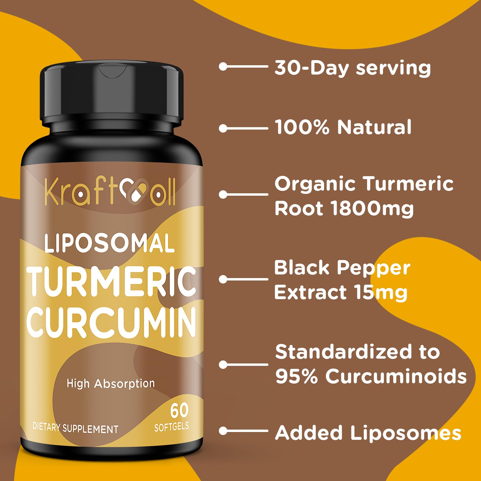 Liposomal Turmeric Curcumin Supplement 2200 mg with Black Pepper Extract 15 mg - 60 Softgels