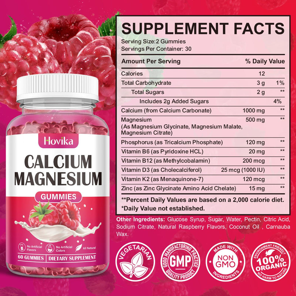 Calcium Magnesium Zinc Gummies 2:1 with D3 K2 B6 B12 – Vegan Raspberry 120