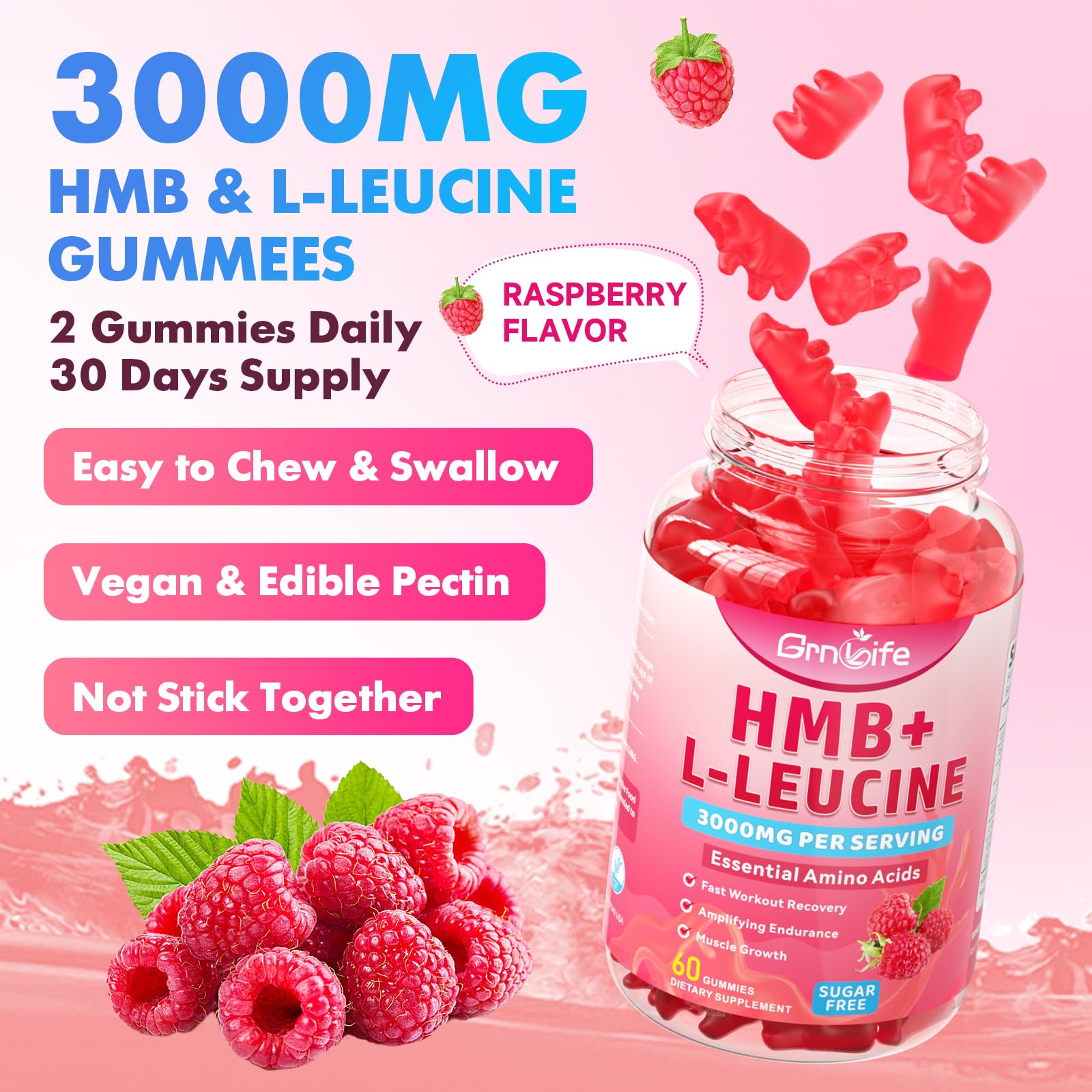 2 Pack HMB & L-Leucine Gummies 3000mg – Muscle Growth & Recovery, Sugar-Free Raspberry, 120 Count
