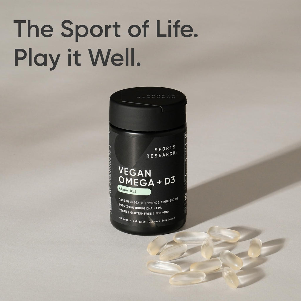 Sports Research Vegan Omega-3 + Vitamin D3 Softgels – 1020mg Omega-3, 5000 IU D3 (60 Veggie Softgels)
