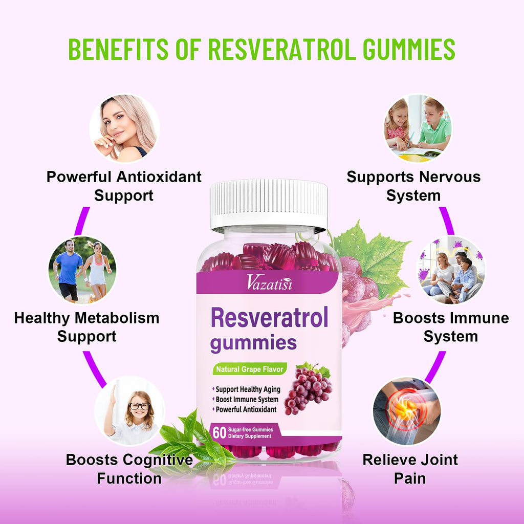 High Purity Resveratrol Gummies, 98% Trans-Resveratrol with Quercetin, Coq 10, Vitamin C, Reservatrol Supplement for Antioxidant, Anti-Aging, 60 Gummies