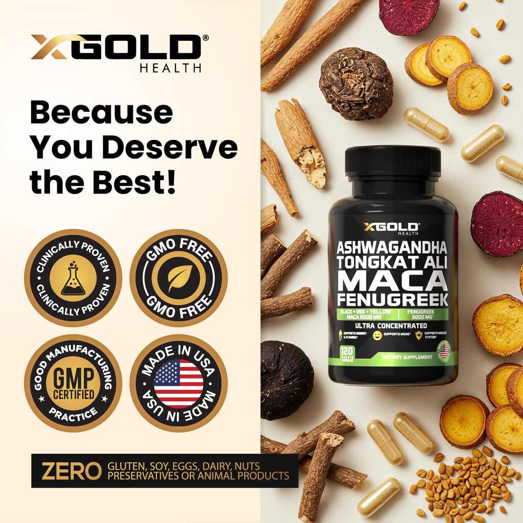 Ashwagandha 5000mg, Tongkat Ali 1000mg, Maca Root 5000mg | Fenugreek Supplement – Made in USA