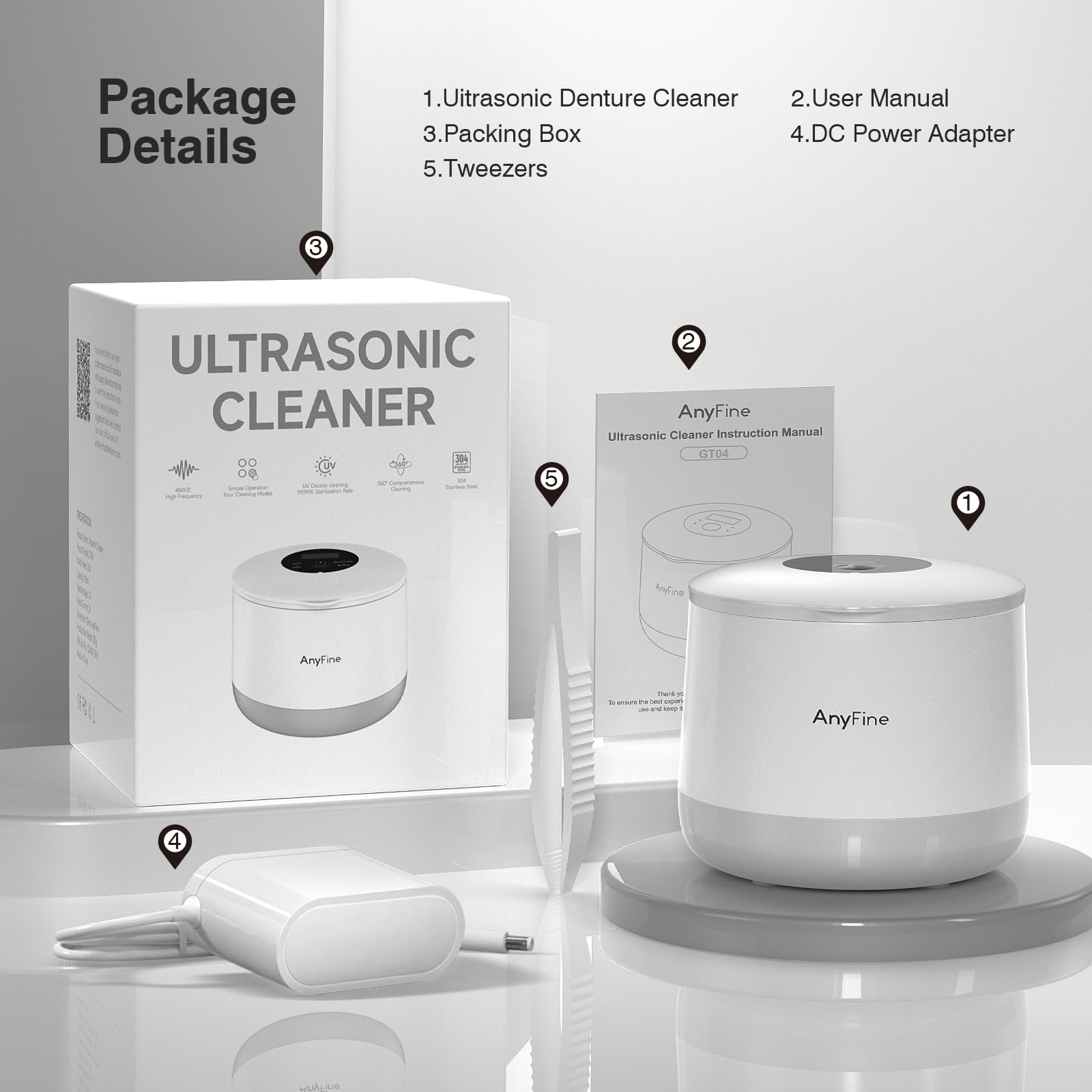 Advanced Ultrasonic Retainer Cleaner Machine for Dentures, Mouth Guards, Braces, Toothbrush Heads, Jewelry, 45kHz Triple-Phase Purification System, 4 Modes for Multiple Dental Appliances