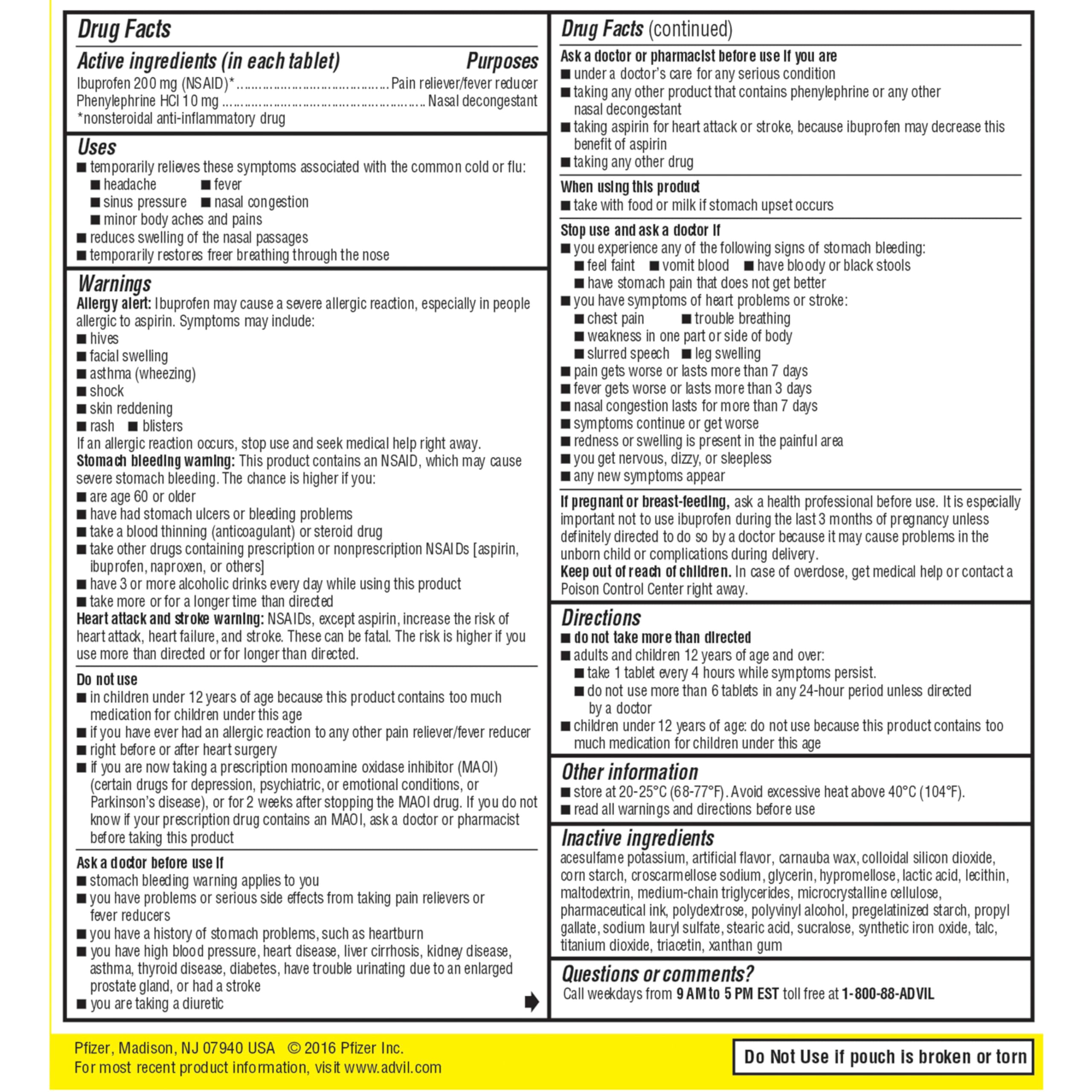 Advil Sinus Congestion and Pain Relief — Ibuprofen 200mg + Phenylephrine HCl 10mg, 50 Coated Tablets