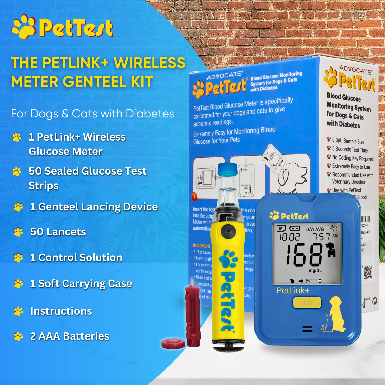 PetTest Painless Glucose Monitoring Kit for Dogs & Cats | Wireless PetLink+ Meter