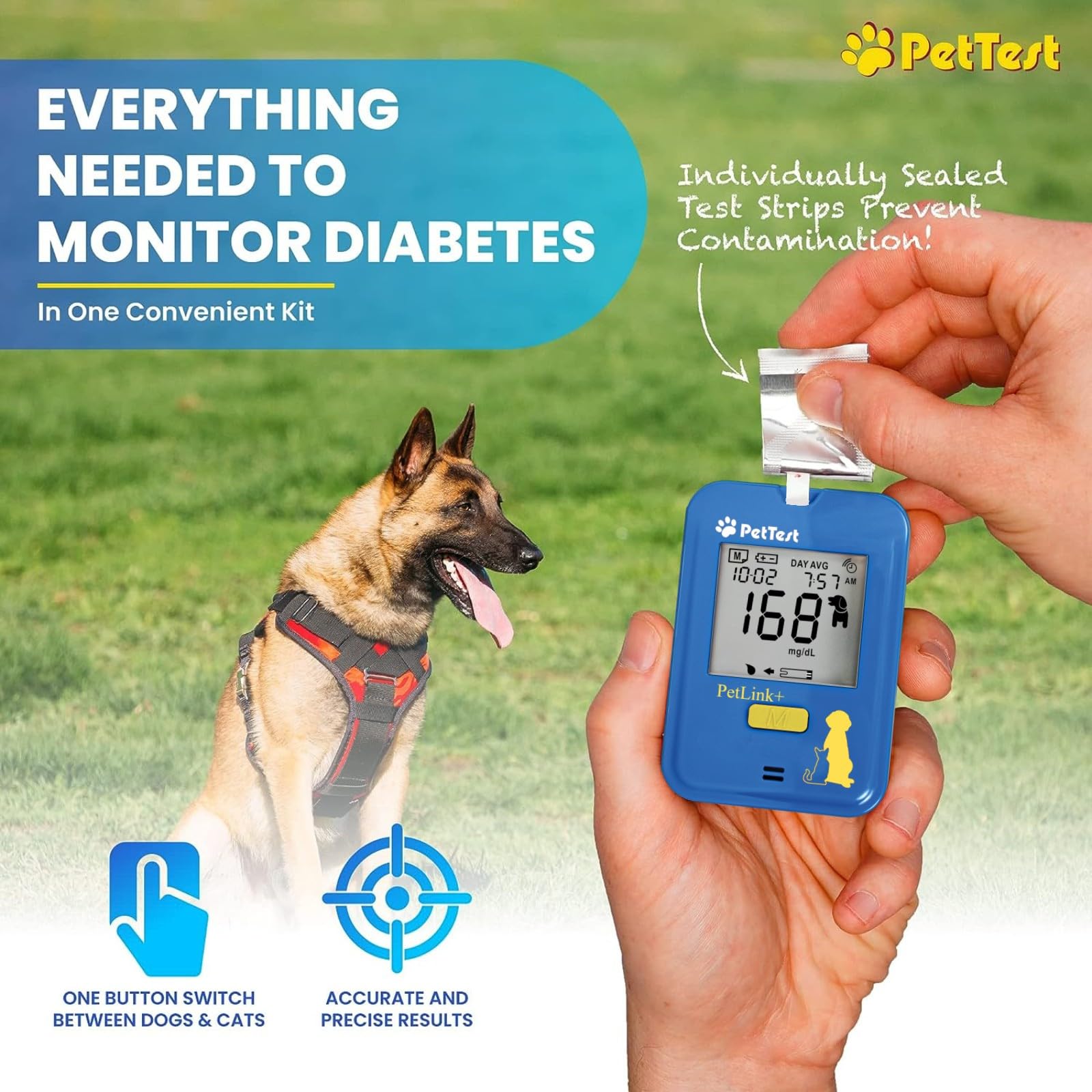 PetTest Painless Glucose Monitoring Kit for Dogs & Cats | Wireless PetLink+ Meter