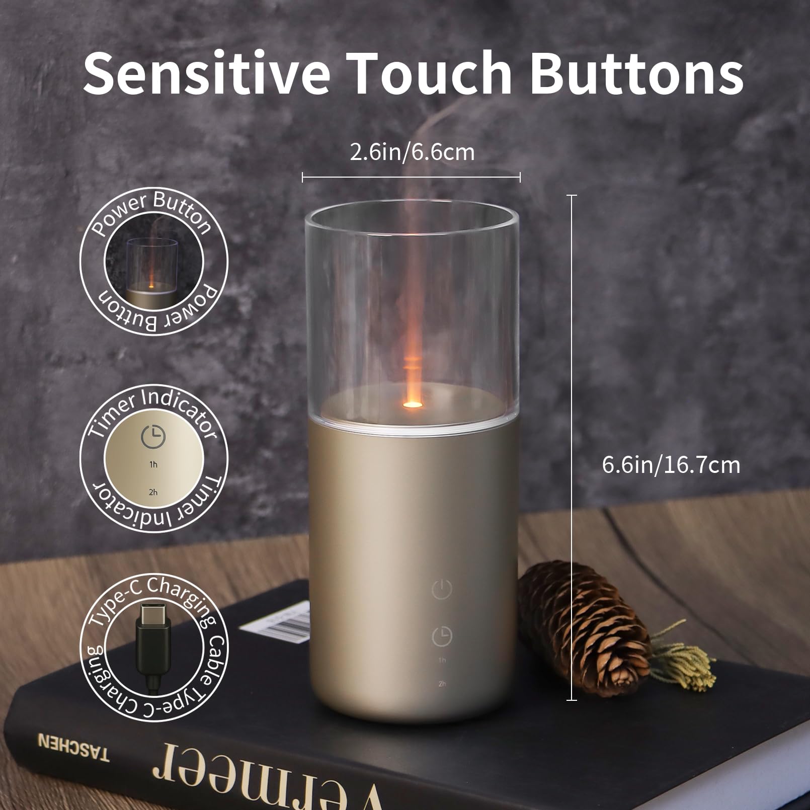 Aeeteek Essential Oil Diffuser – Candlelight Flame, Cordless 32ml with Night Light