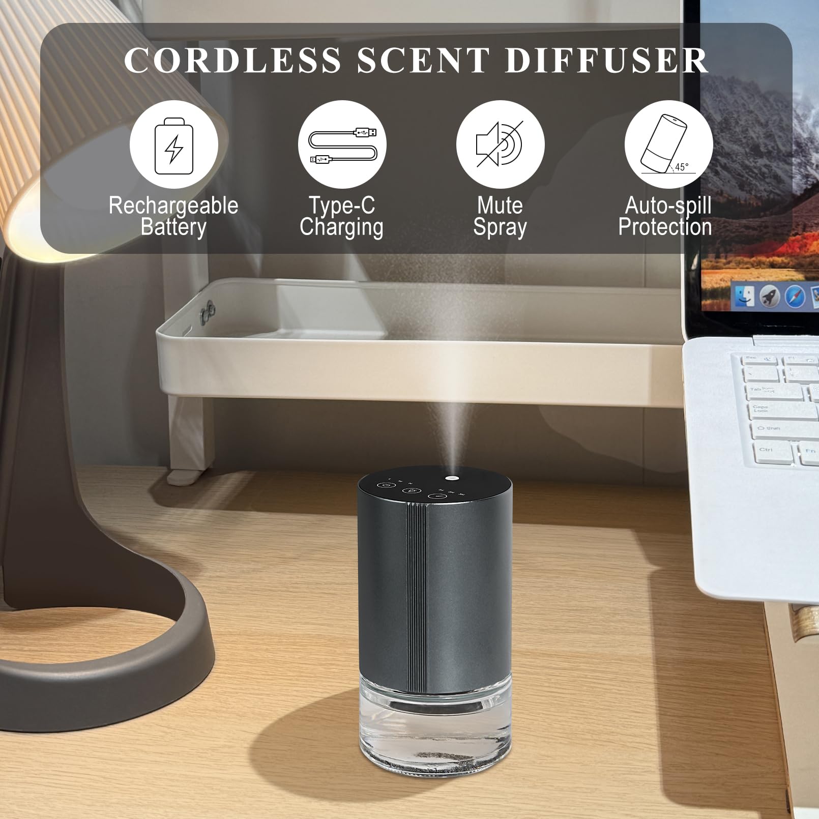 Aeeteek Essential Oil Diffuser | Waterless Nano Mist, 100ml, 7-Color Ambient Light, Rechargeable (Grey)
