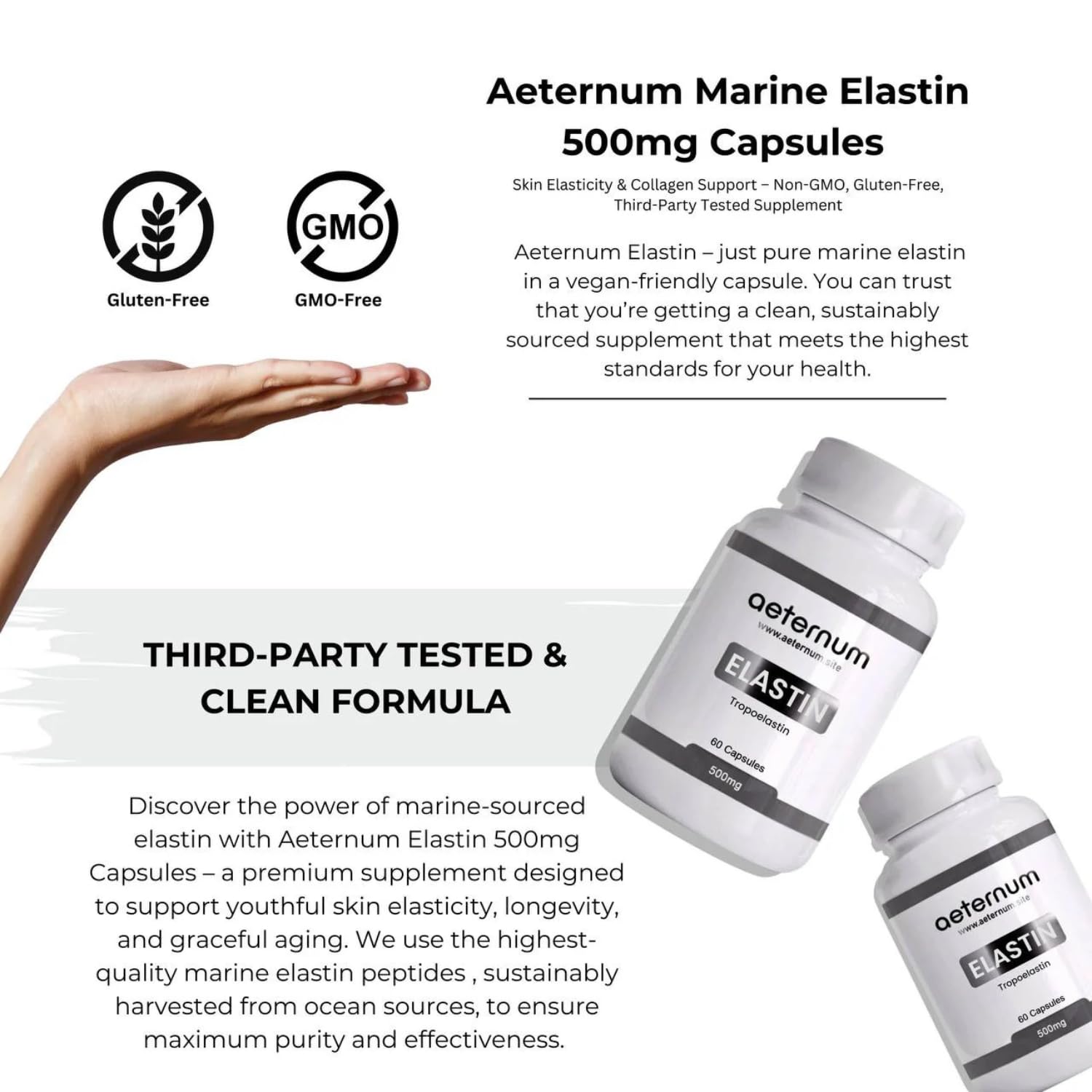Aeternum Elastin 500mg Capsules – 180 Count | Marine Elastin for Skin Elasticity