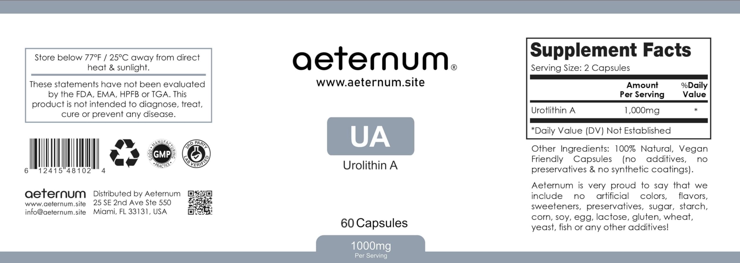 aeternum Urolithin A - UA - Capsules - 500mg - 60 Capsules