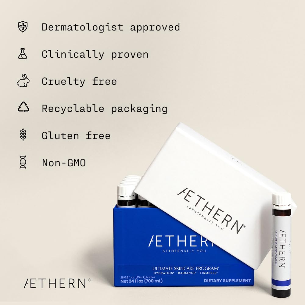 AETHERN Liquid Skin Care Supplement with Collagen + Hyaluronic Acid | Ready-to-Drink, UV Protection, 28 Servings