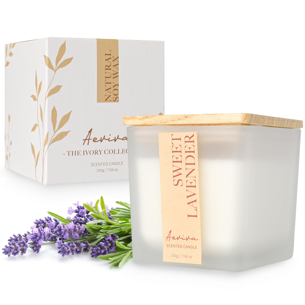 Aeviva Lavender Scented Candle | 7.04 oz Soy Wax, Wooden Wick, 45 Hour Burn