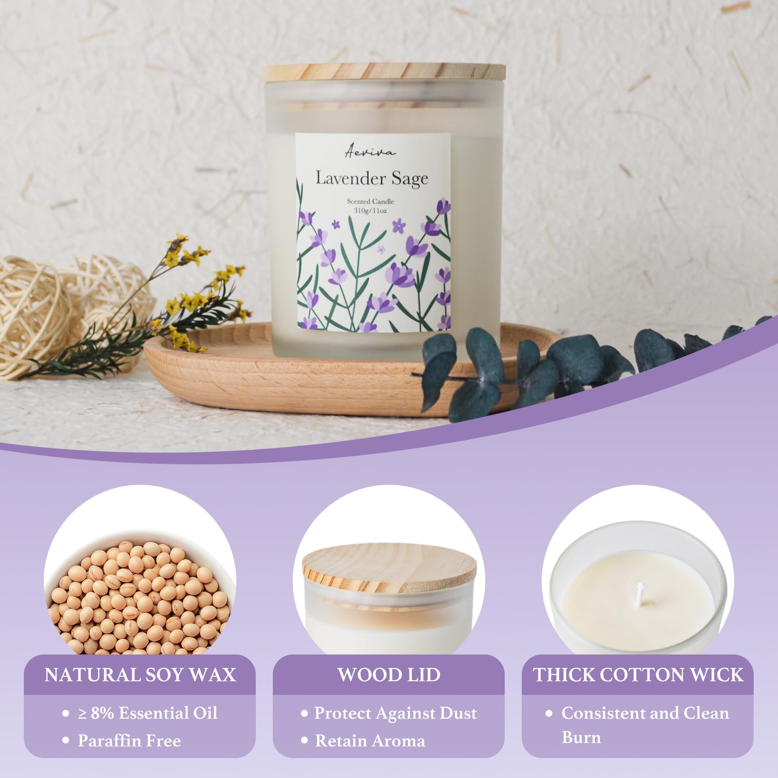 Aeviva Lavender Sage Scented Candle – 11oz Soy Wax, 60 Hour Burn