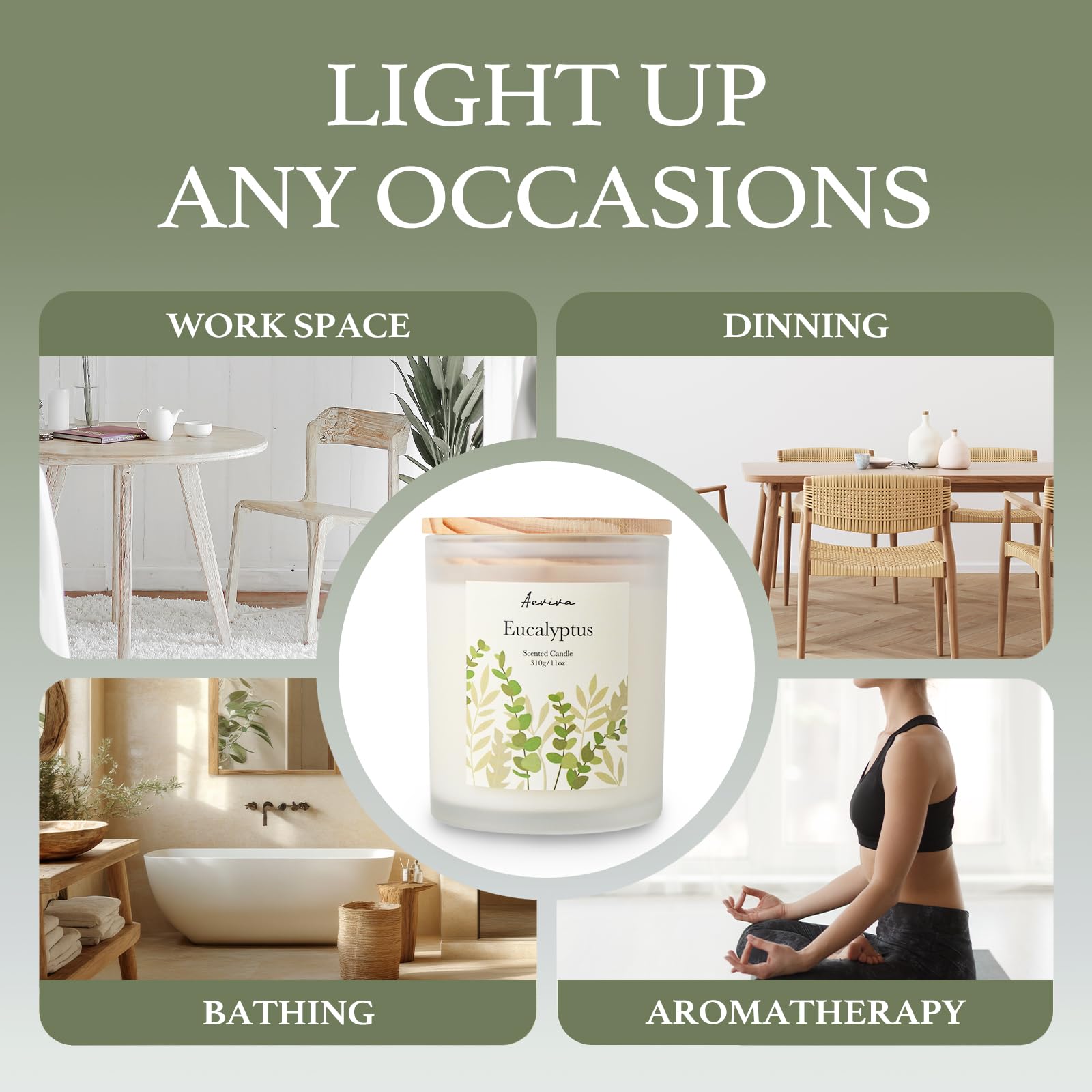 Aeviva Eucalyptus Scented Candle 11oz - 60 Hour Burn, Natural Soy Wax