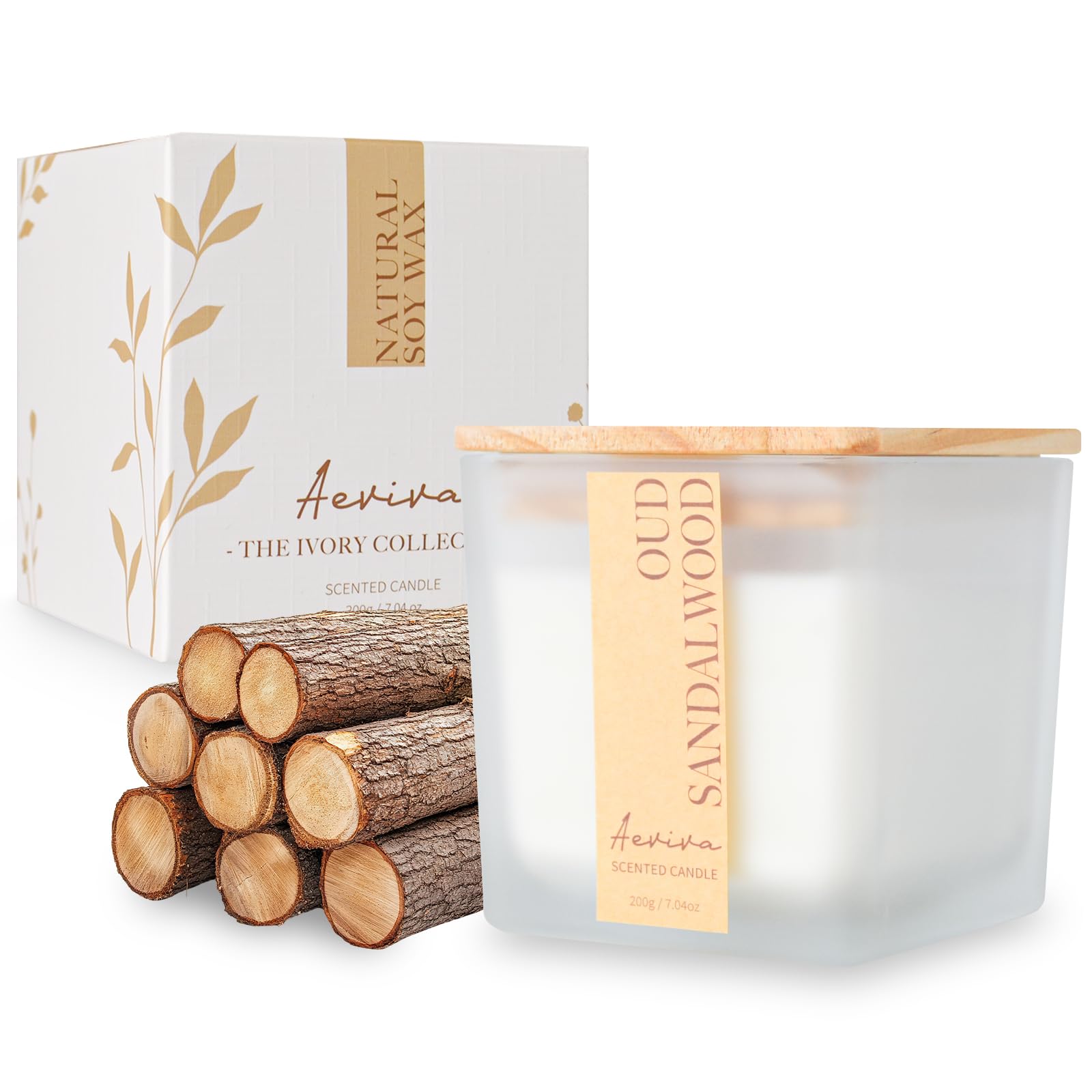 Aeviva Oud Sandalwood Scented Candle – 7.04 oz Soy Wax, Wooden Wick, 45h Burn Time