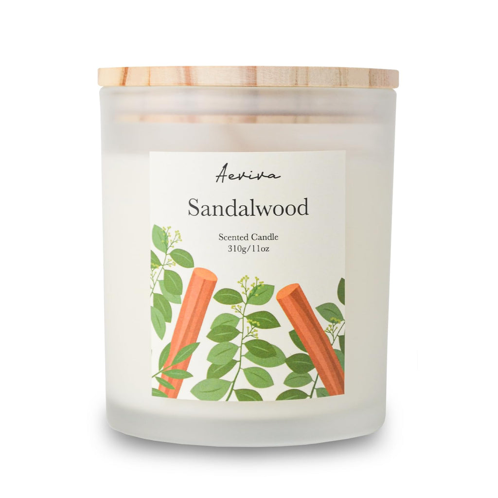Aeviva Sandalwood Scented Candle - 11oz, 50-60h Burn, Natural Soy Wax
