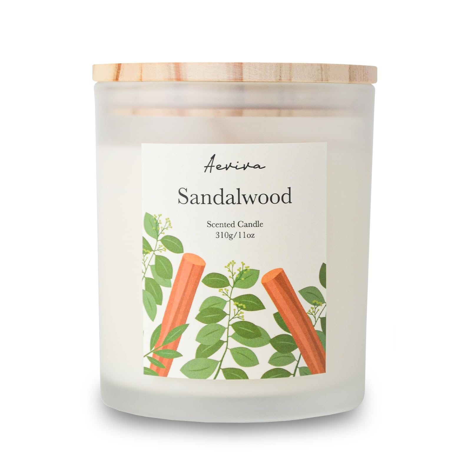 Aeviva Sandalwood Scented Candle - 11oz, 50-60h Burn, Natural Soy Wax