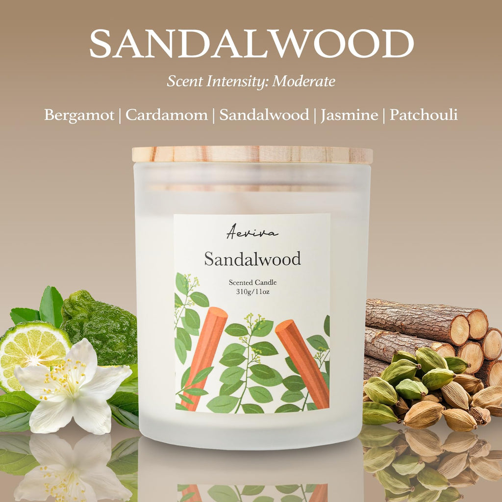 Aeviva Sandalwood Scented Candle - 11oz, 50-60h Burn, Natural Soy Wax