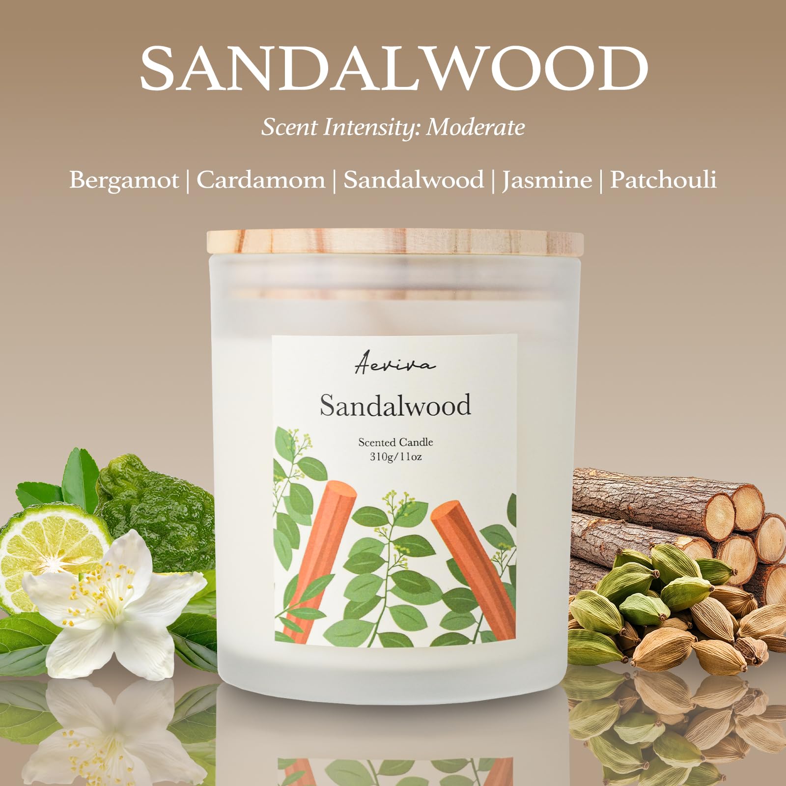 Aeviva Sandalwood Scented Candle - 11oz, 50-60h Burn, Natural Soy Wax