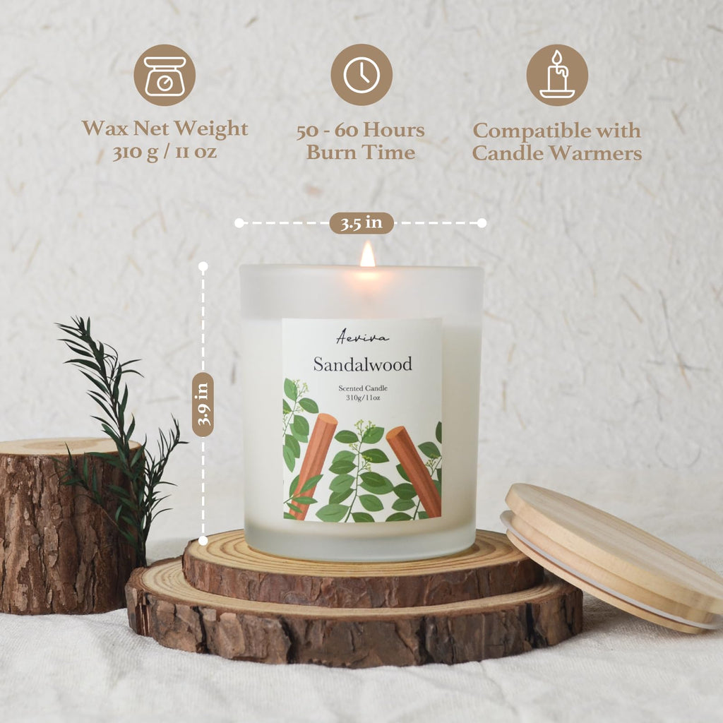 Aeviva Sandalwood Scented Candle - 11oz, 50-60h Burn, Natural Soy Wax