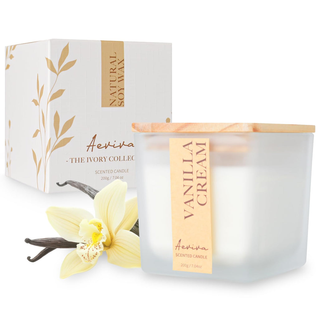 Aeviva Scented Candle - Vanilla Cream, 7.04 oz | Soy Wax, Wood Wick