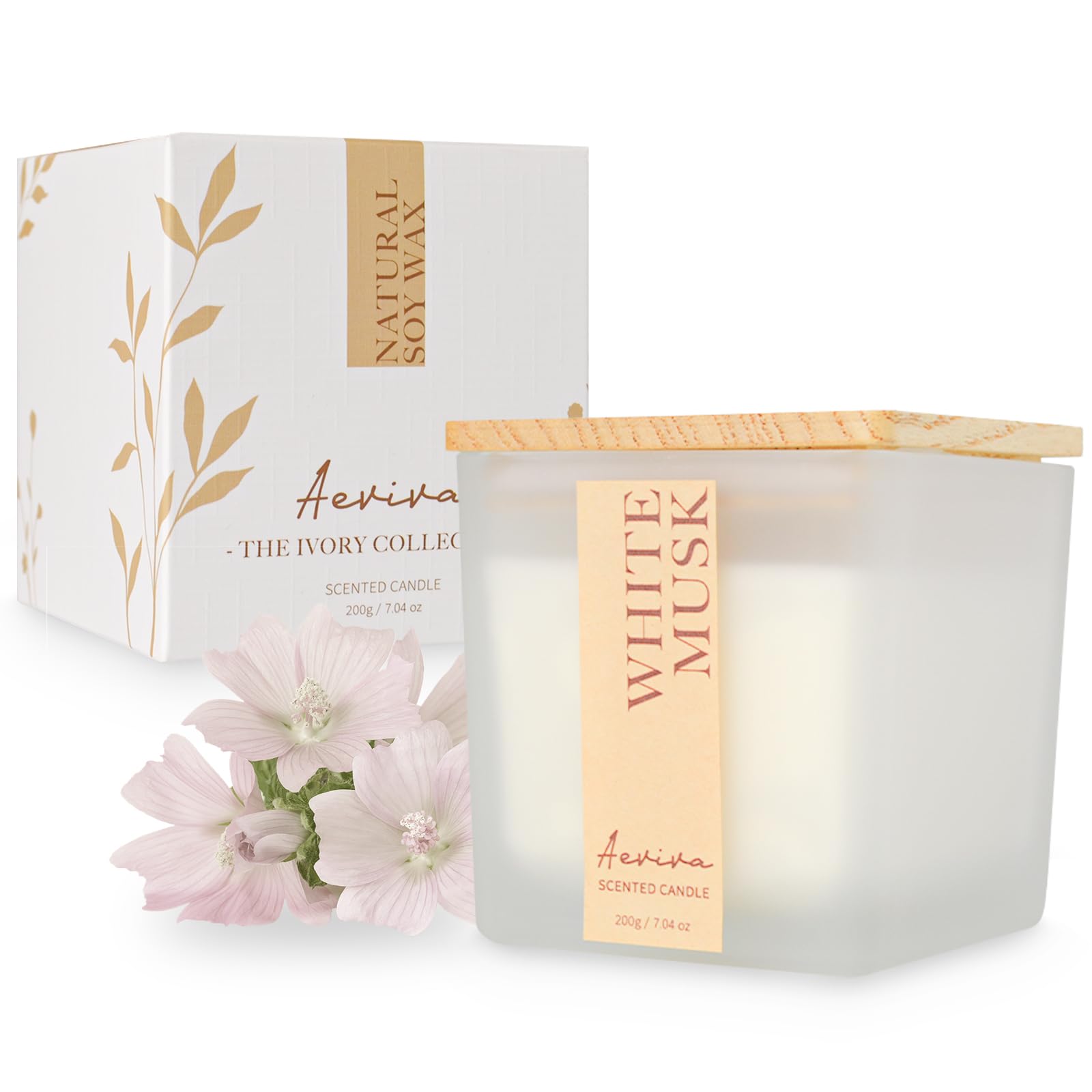 Aeviva White Musk Scented Candle – 7.04 oz Soy Wax, Wooden Wick