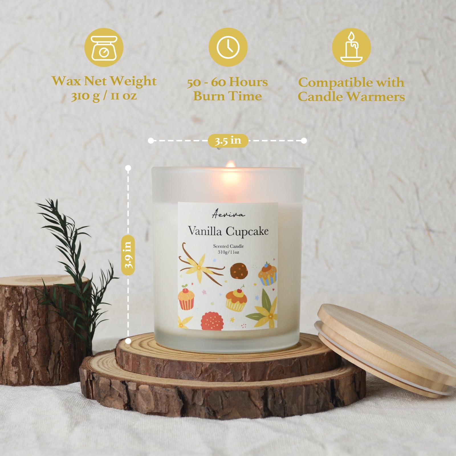 Aeviva Vanilla Cupcake Scented Candle - 11oz, 60 Hour Burn, Natural Soy Wax | Aromatherapy Gift