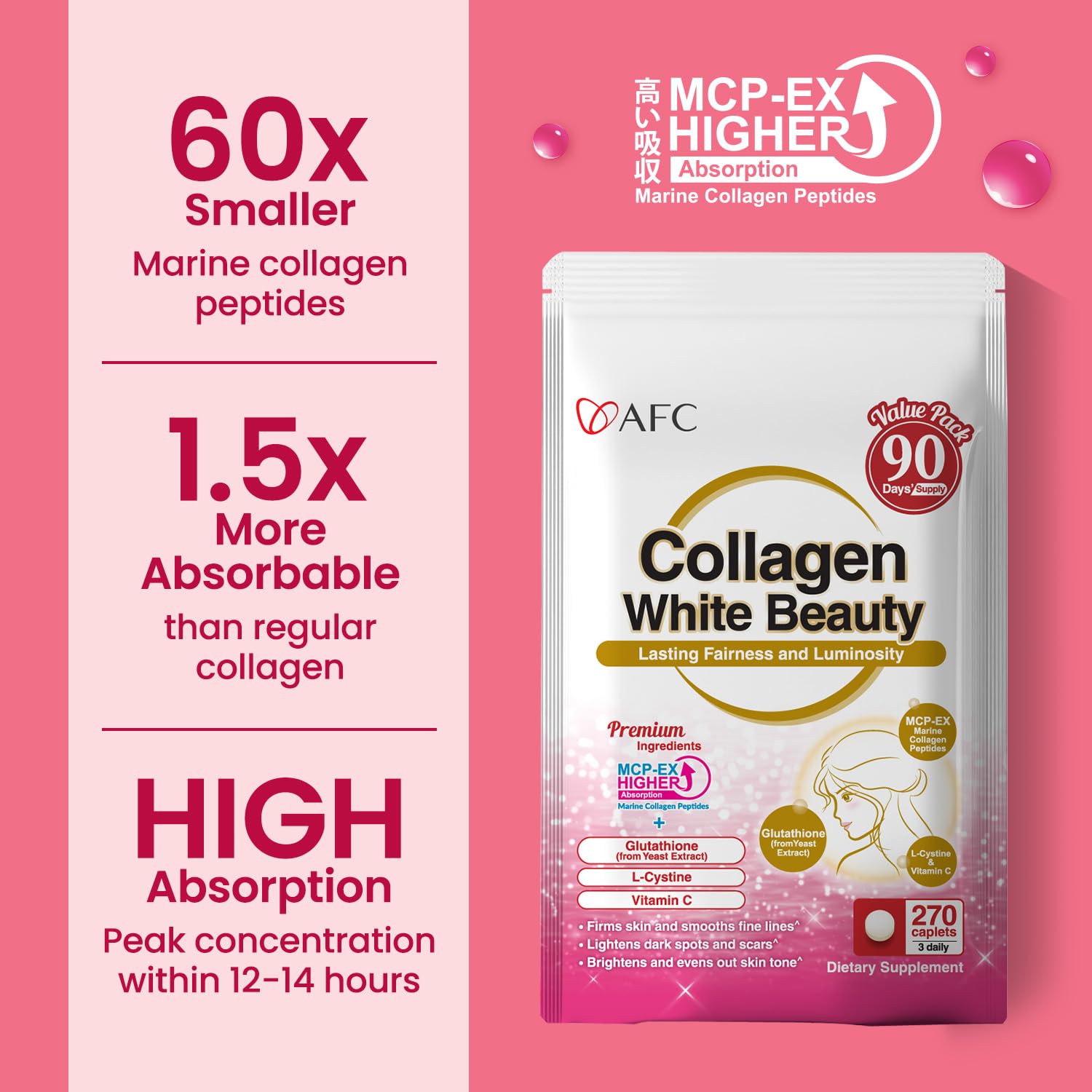 AFC Japan Collagen White Beauty – Marine Collagen, Glutathione & L-Cystine (90 Days Supply)