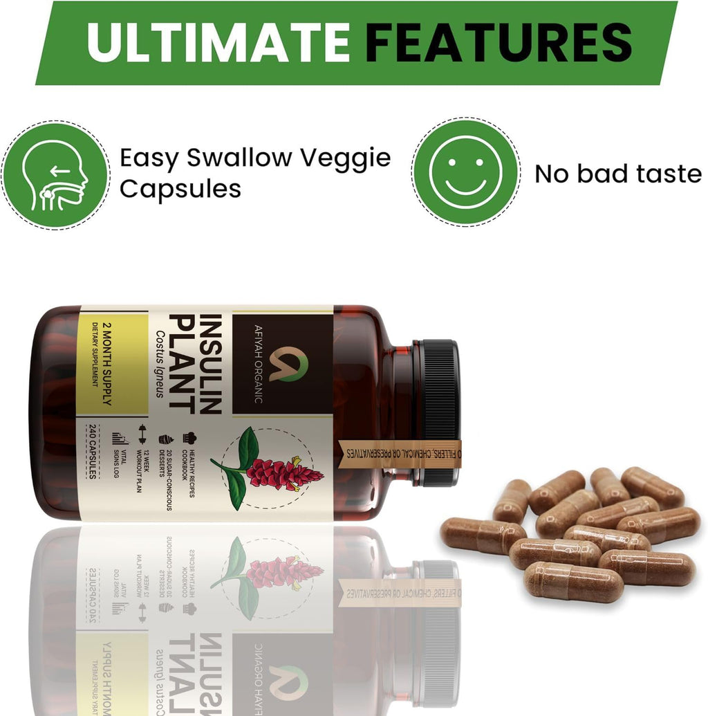 Afiyah Organic Costus Igneus Capsules – Premium Insulin Plant (240 Veggie Capsules)