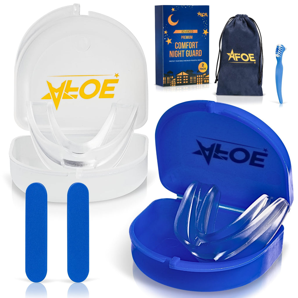 2-Pack Dual-Mold Bruxism Night Guards – Clear & Blue, TMJ Relief | BPA & Latex-Free | AFOE