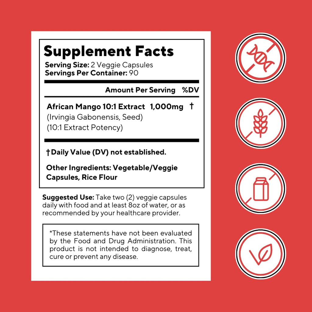 African Mango Capsules for Immune Support, Metabolism & Wellness - Pure 10:1 Irvingia Gabonensis Extract, 180 Veggie Capsules (Non-GMO, Gluten-Free, Vegan)