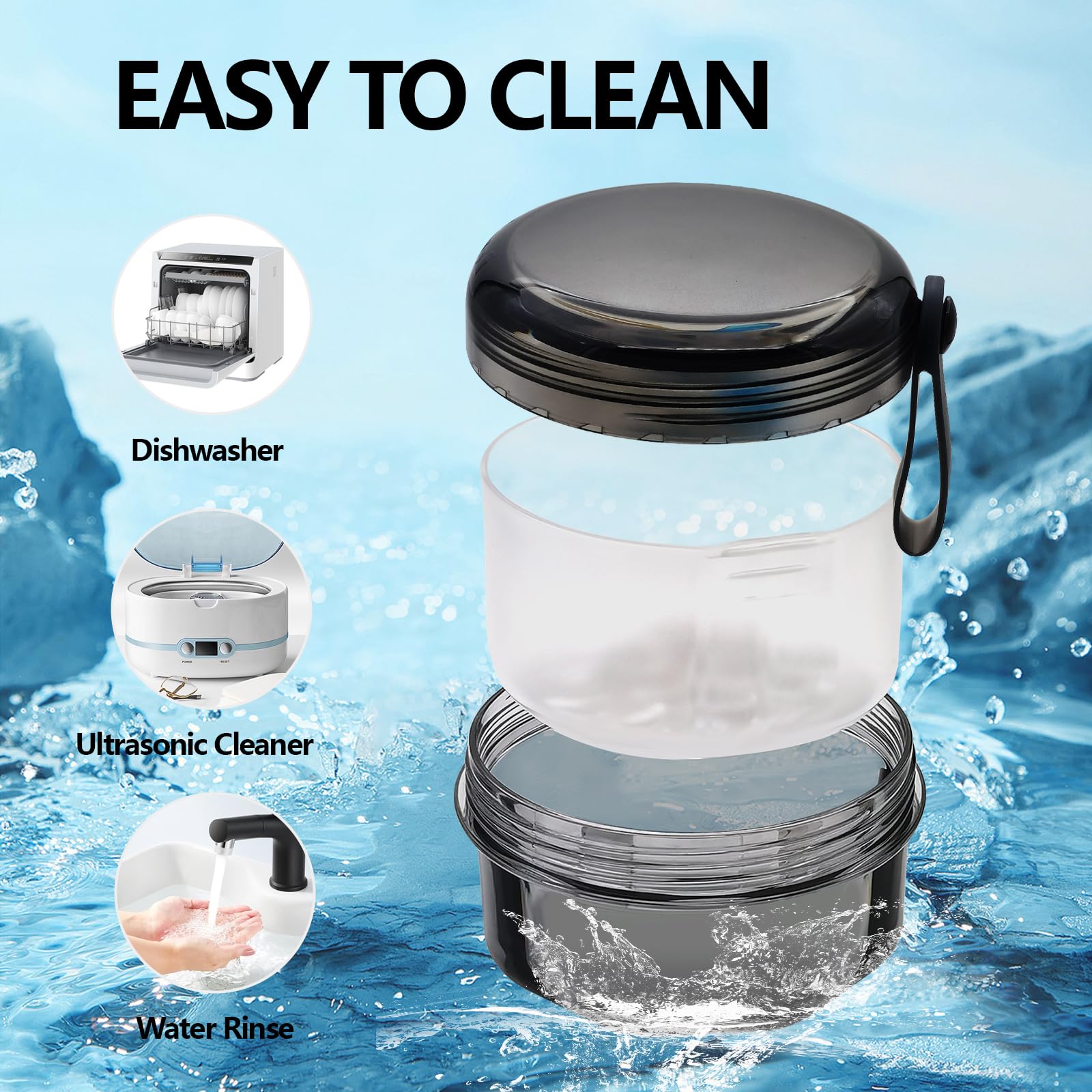 Leak Proof Denture Cups - Travel Bath Case with Brush, Transparent Black