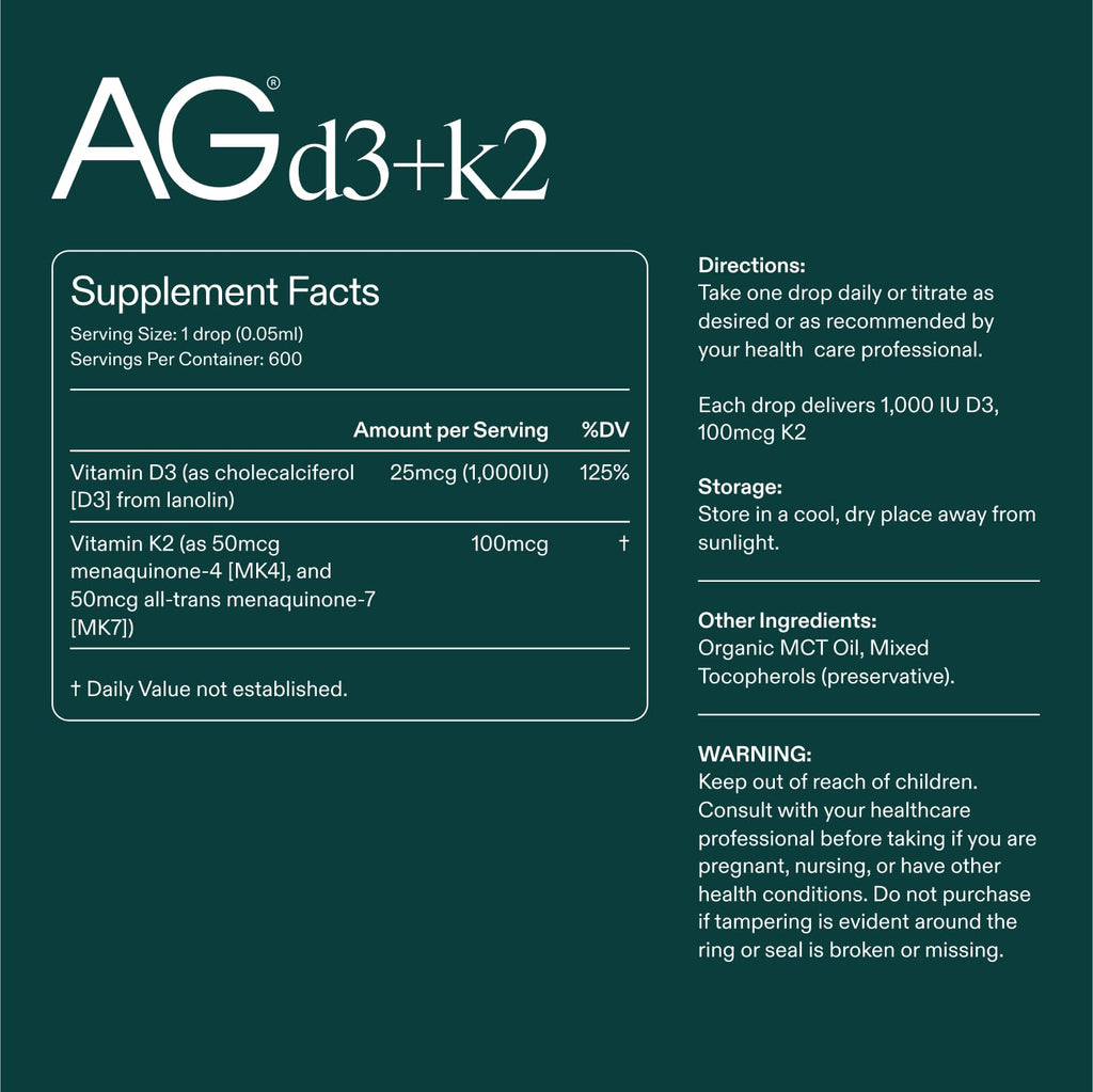 AG1 Vitamin D3 K2 Drops – 1000IU D3, 100mcg K2 per Serving | Supports Bone Density