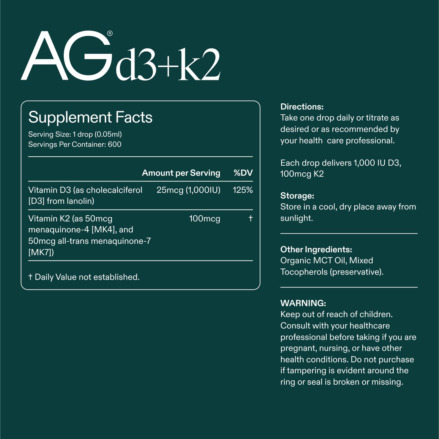 AG1 Vitamin D3 K2 Drops – 1000IU D3, 100mcg K2 per Serving | Supports Bone Density