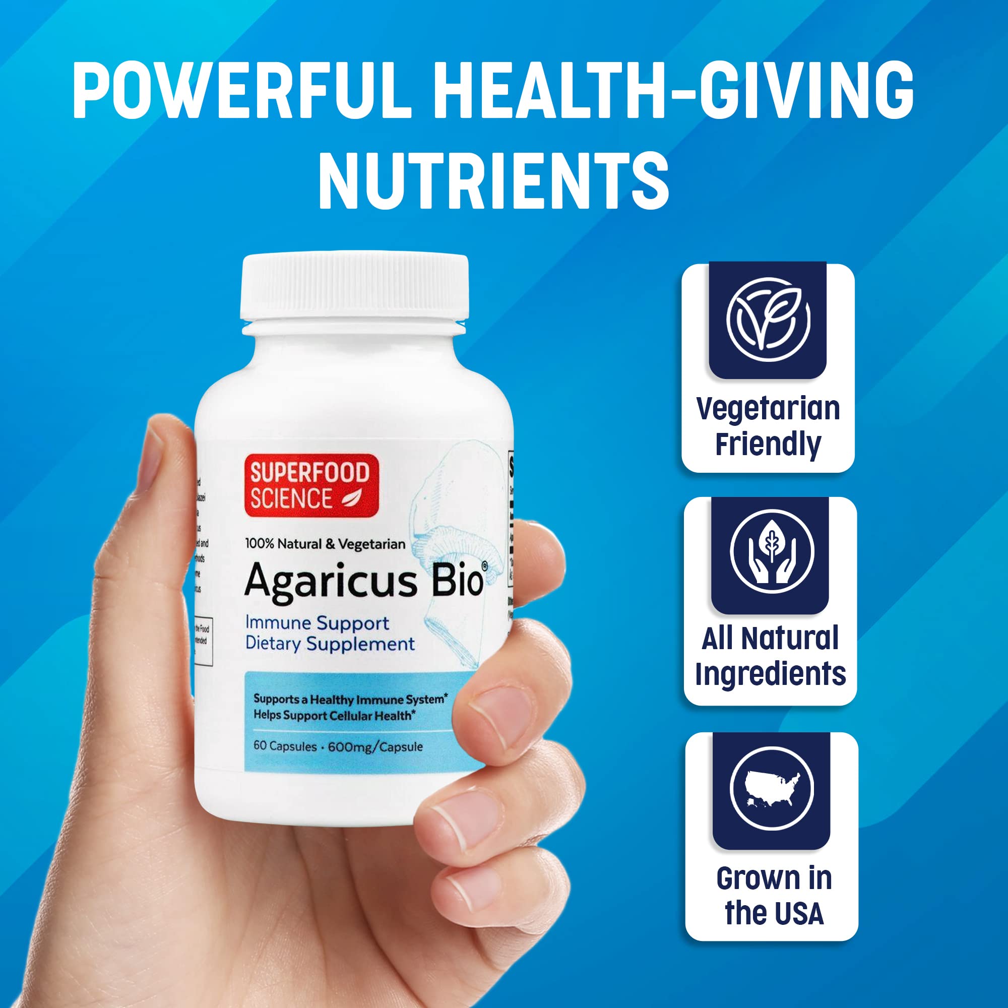 Agaricus Bio 600 mg - USA-Grown Organic ABM Mushroom for Immune Support