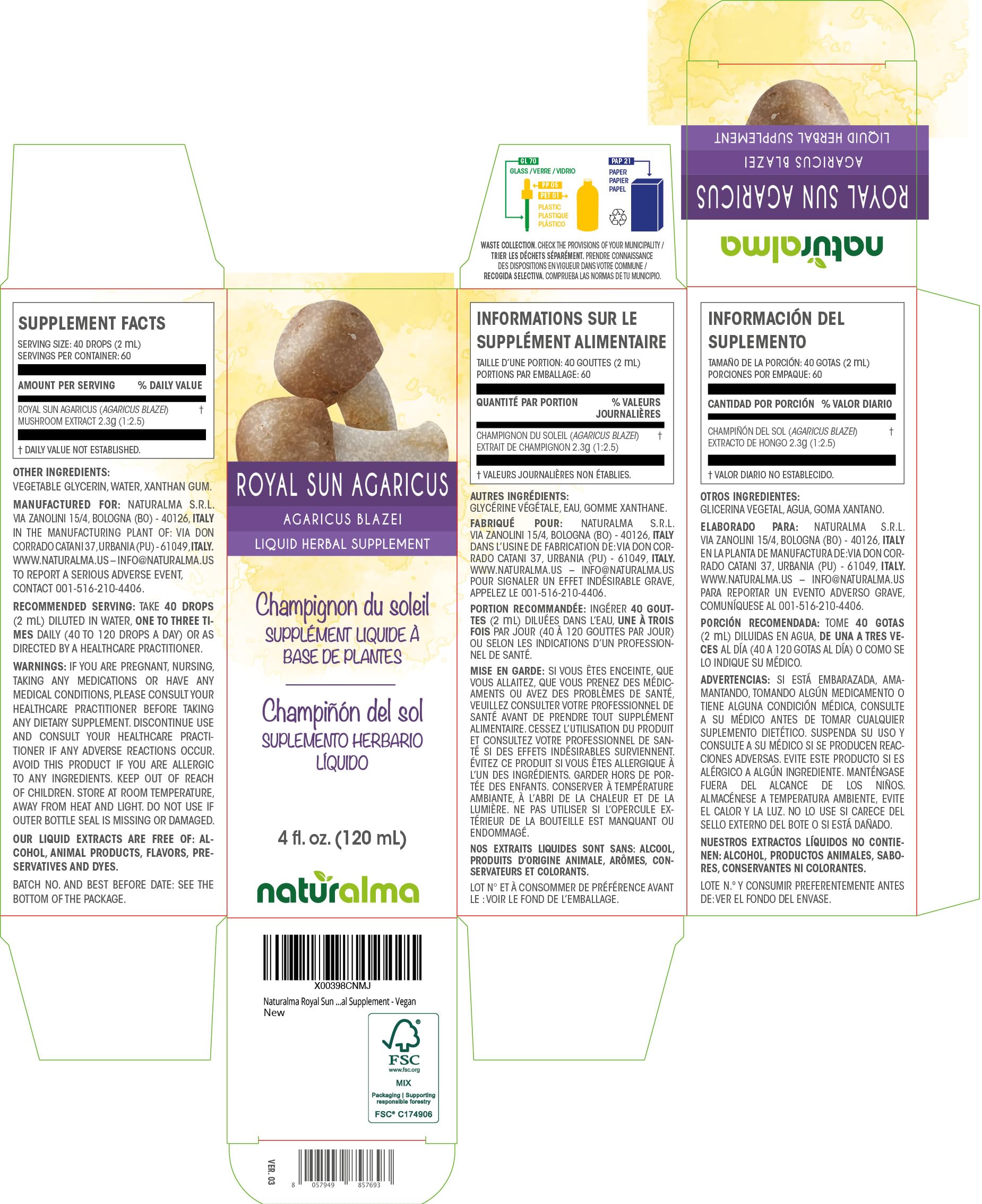 Naturalma Royal Sun Agaricus Mushroom Tincture - Alcohol-Free 4 oz Drops | Vegan Herbal Supplement
