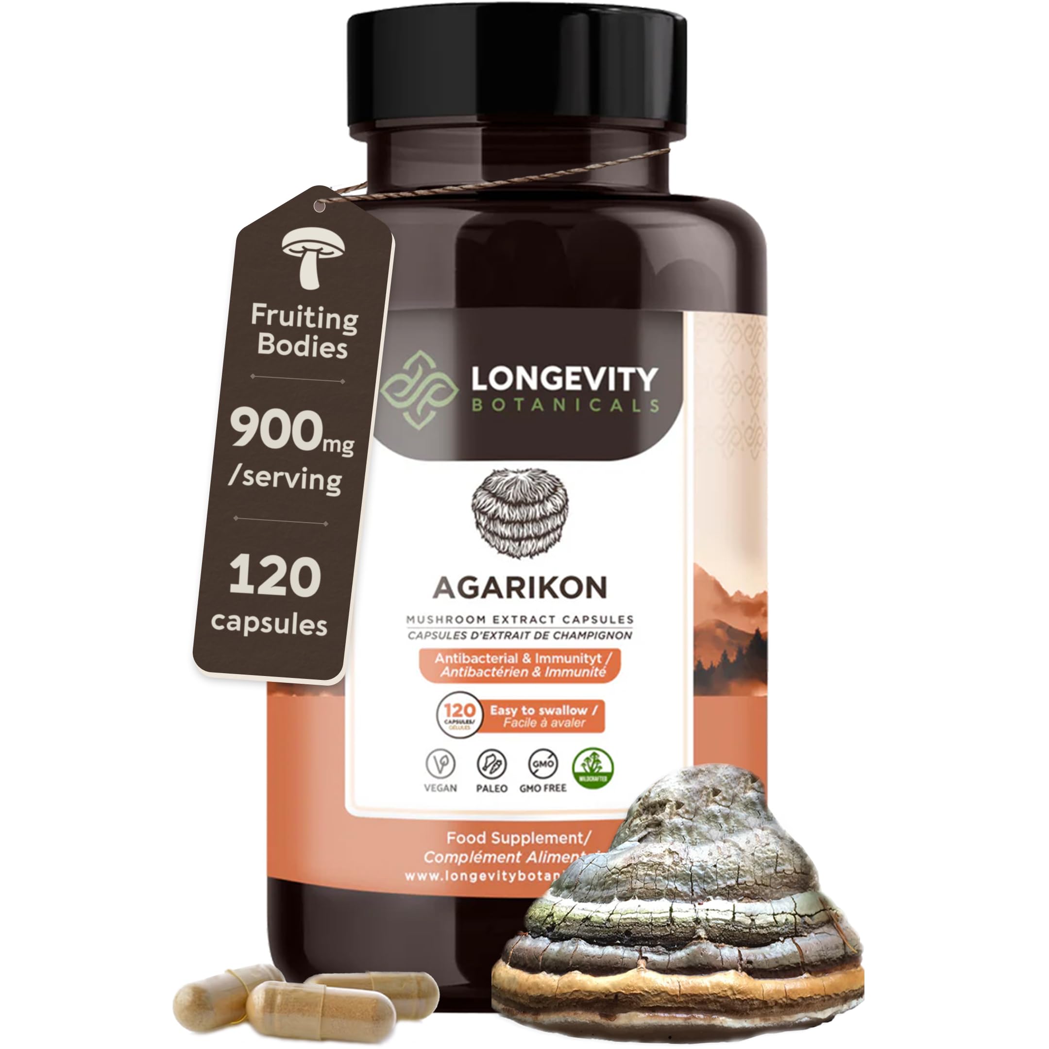 Longevity Botanicals Agarikon Mushroom Extract Capsules (120) – 10:1 Concentrate, 100% Fruiting Bodies