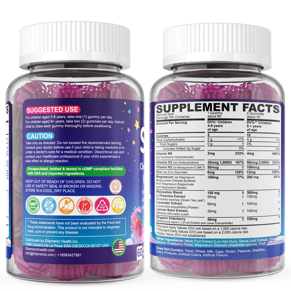 Kids Sleep Gummies - No Melatonin with Magnesium Glycinate, L-Theanine, Zinc & D3K2 | Immune Support