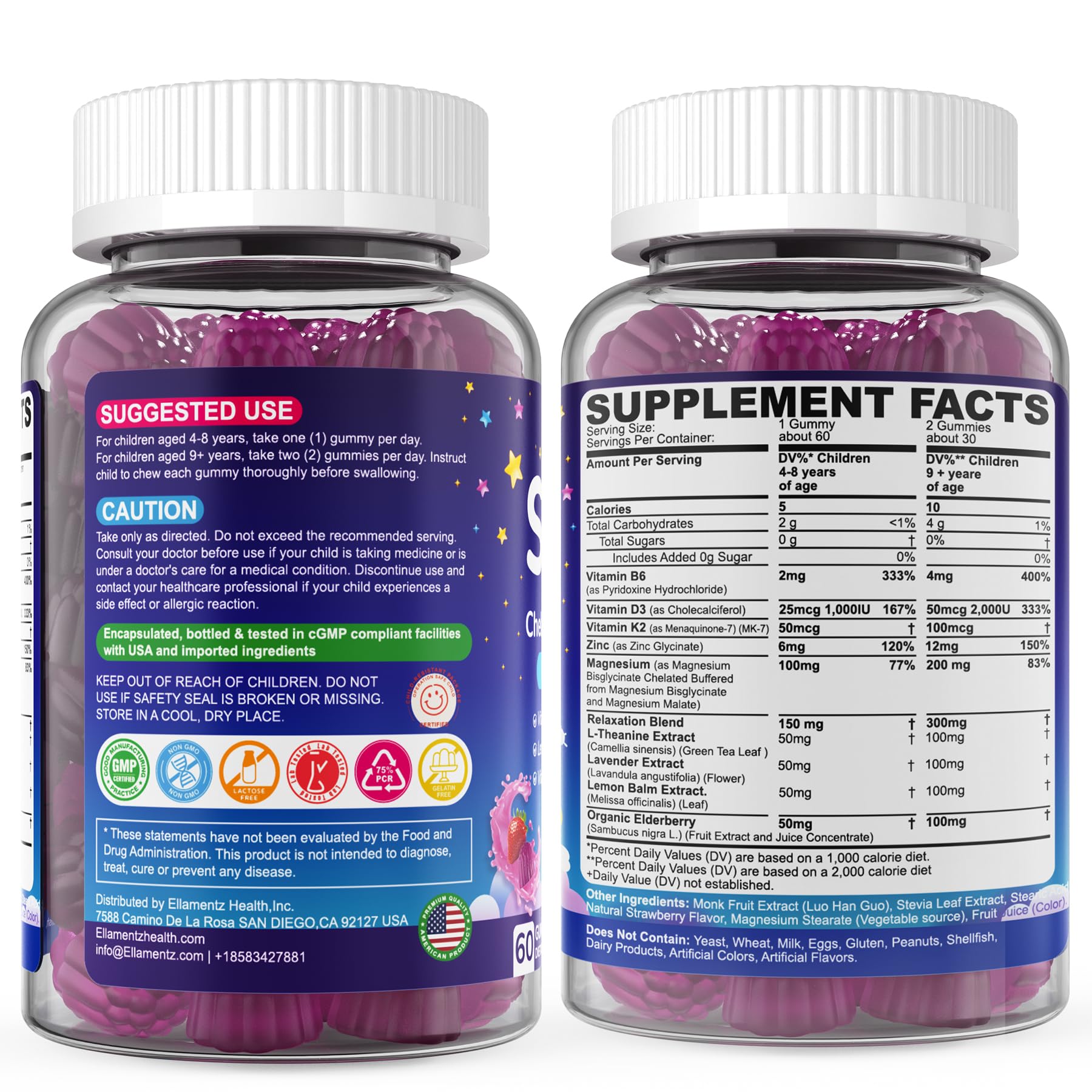 Kids Sleep Gummies - No Melatonin with Magnesium Glycinate, L-Theanine, Zinc & D3K2 | Immune Support