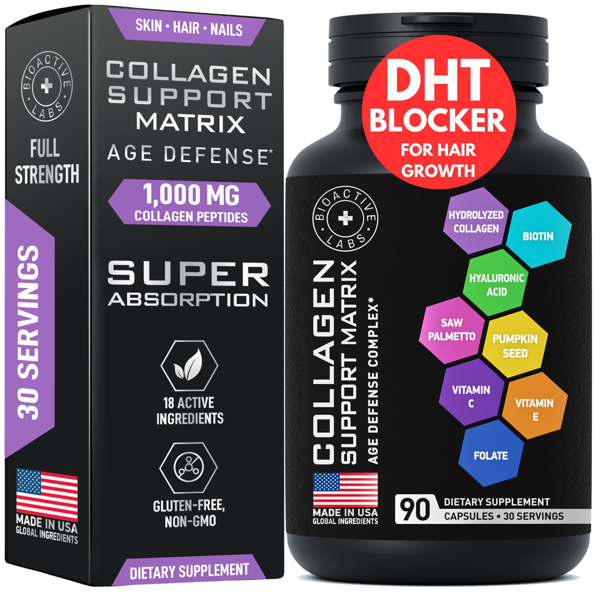 Age Defense Beauty Collagen Matrix – 2,000mg Multi Collagen, Biotin, Keratin, Hyaluronic Acid | 90 Gluten-Free Caps