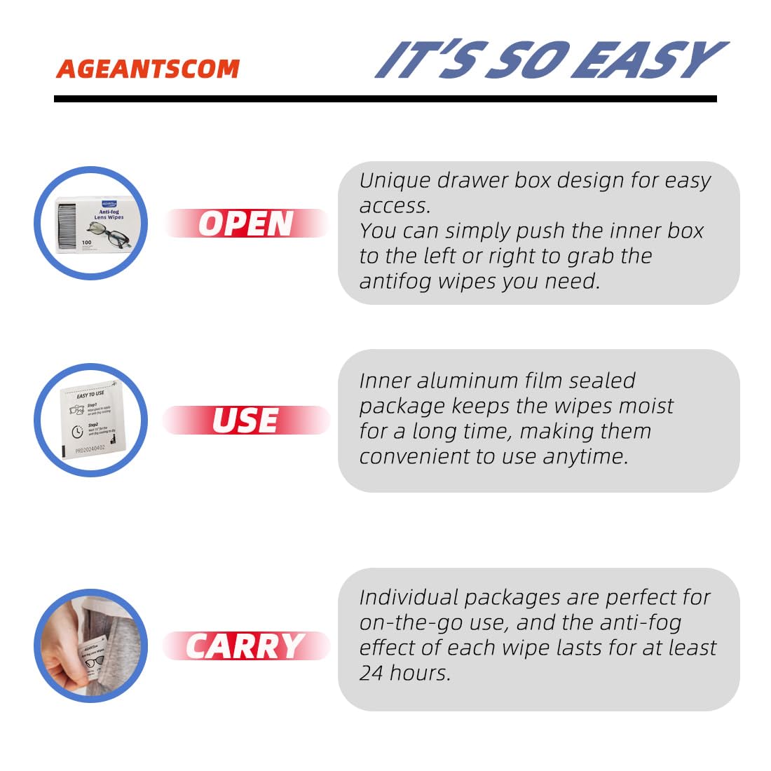 ageantscom Anti Fog Wipes for Glasses (100-Pack) – Pre-Moistened, Quick-Dry, Streak-Free