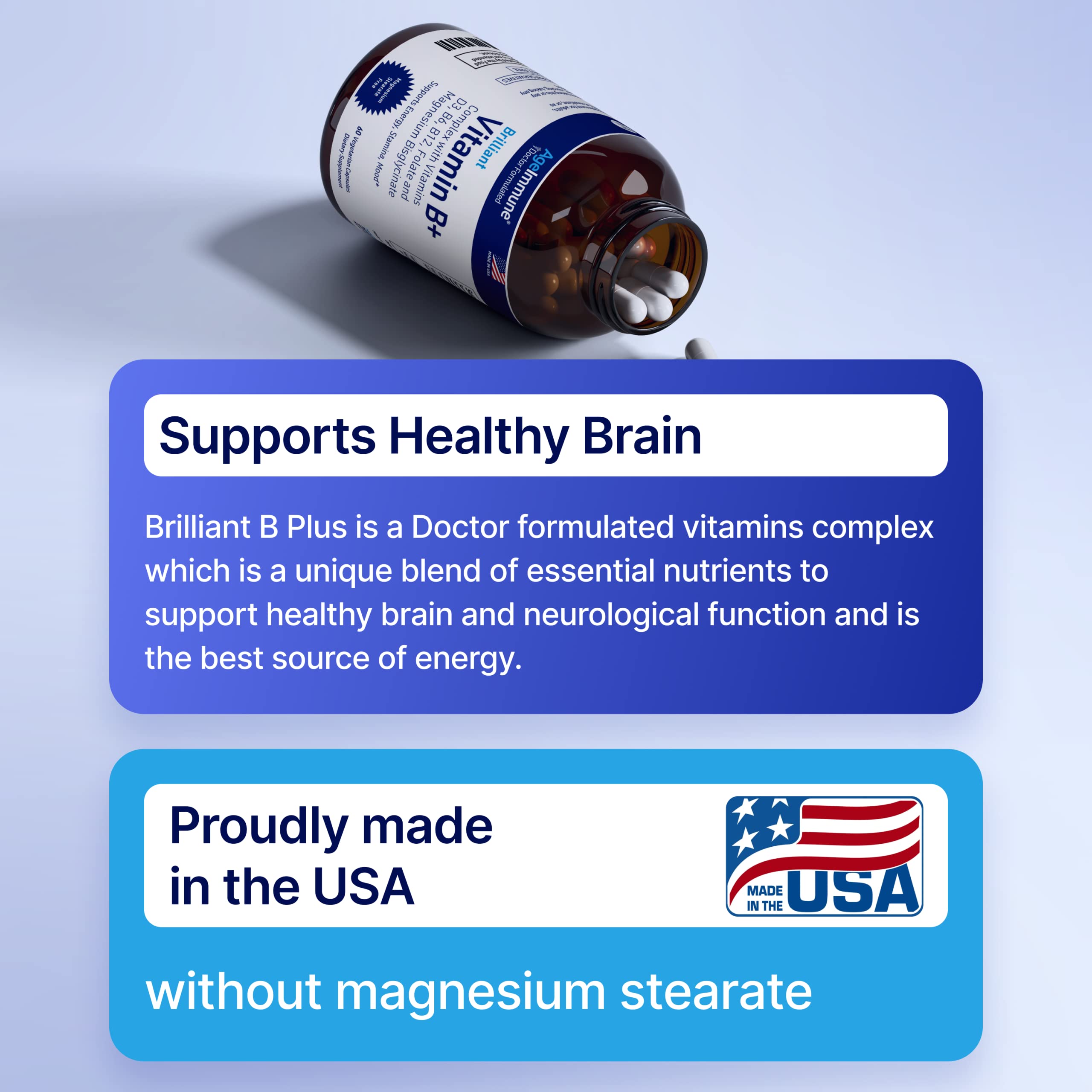 AgeImmune Vitamin B Complex with D3, Methylfolate – Doctor Formulated, Niacin-Free, 60 Capsules