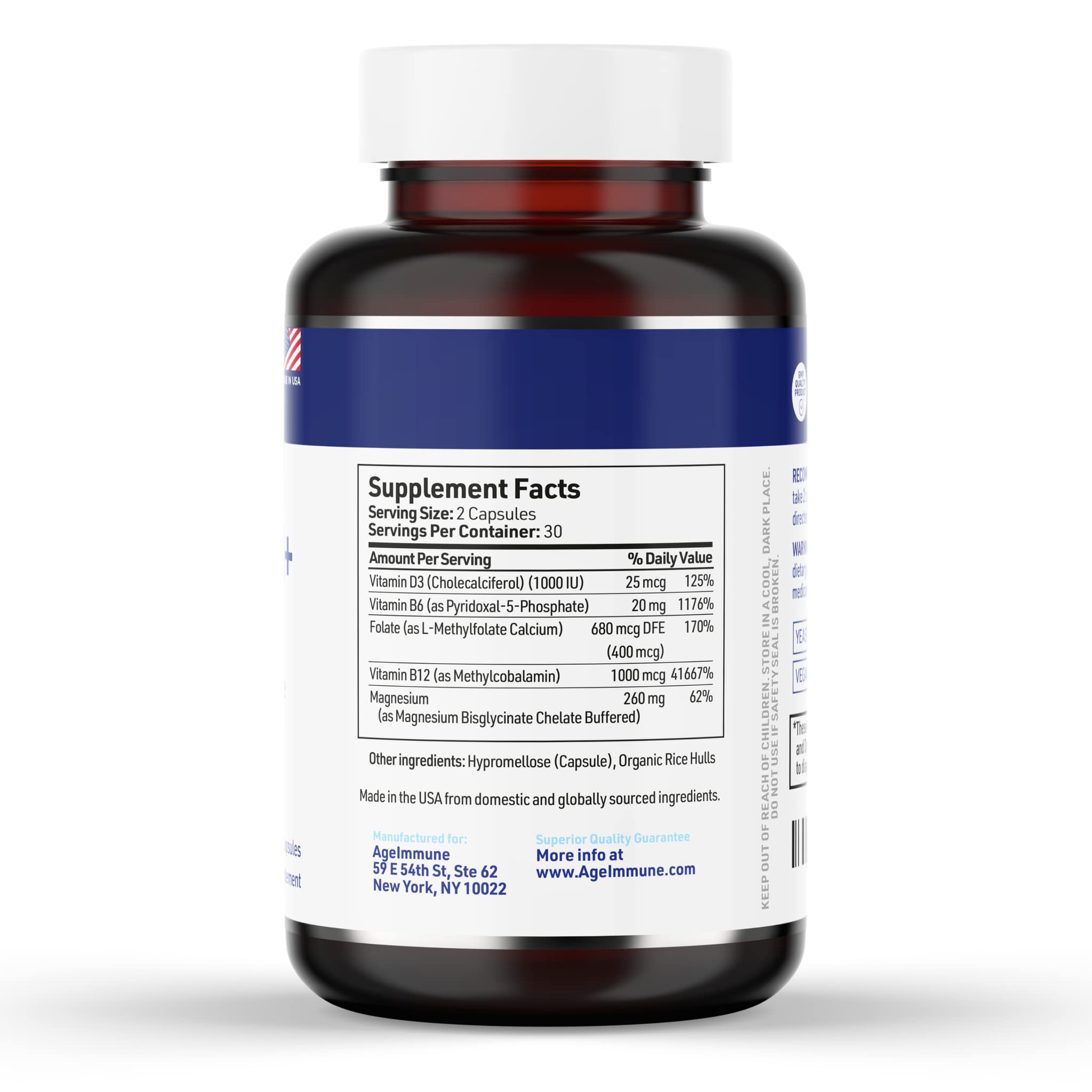 AgeImmune Vitamin B Complex with D3, Methylfolate – Doctor Formulated, Niacin-Free, 60 Capsules