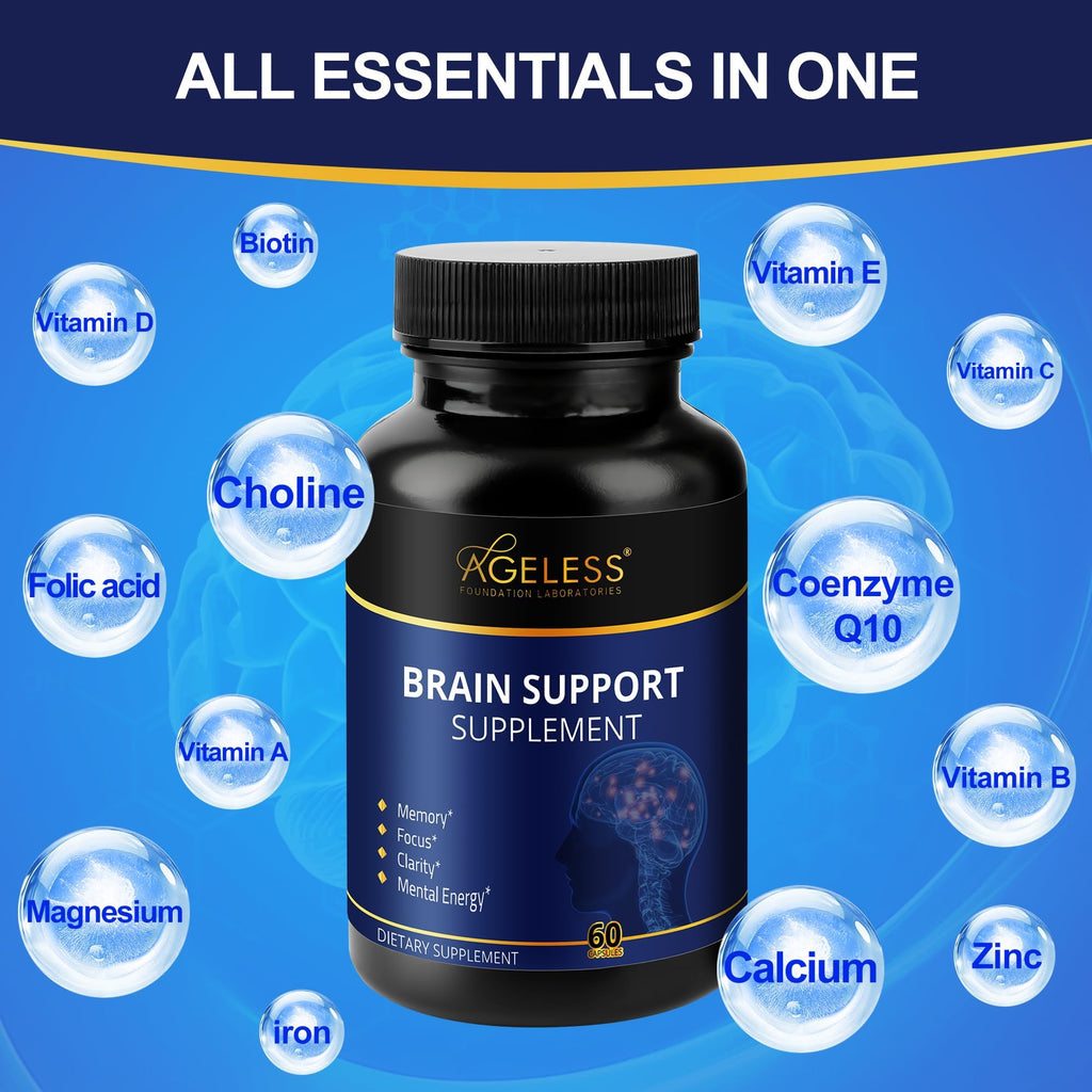 Ageless Brain Supplements for Memory & Focus | Nootropic (60 Capsules)