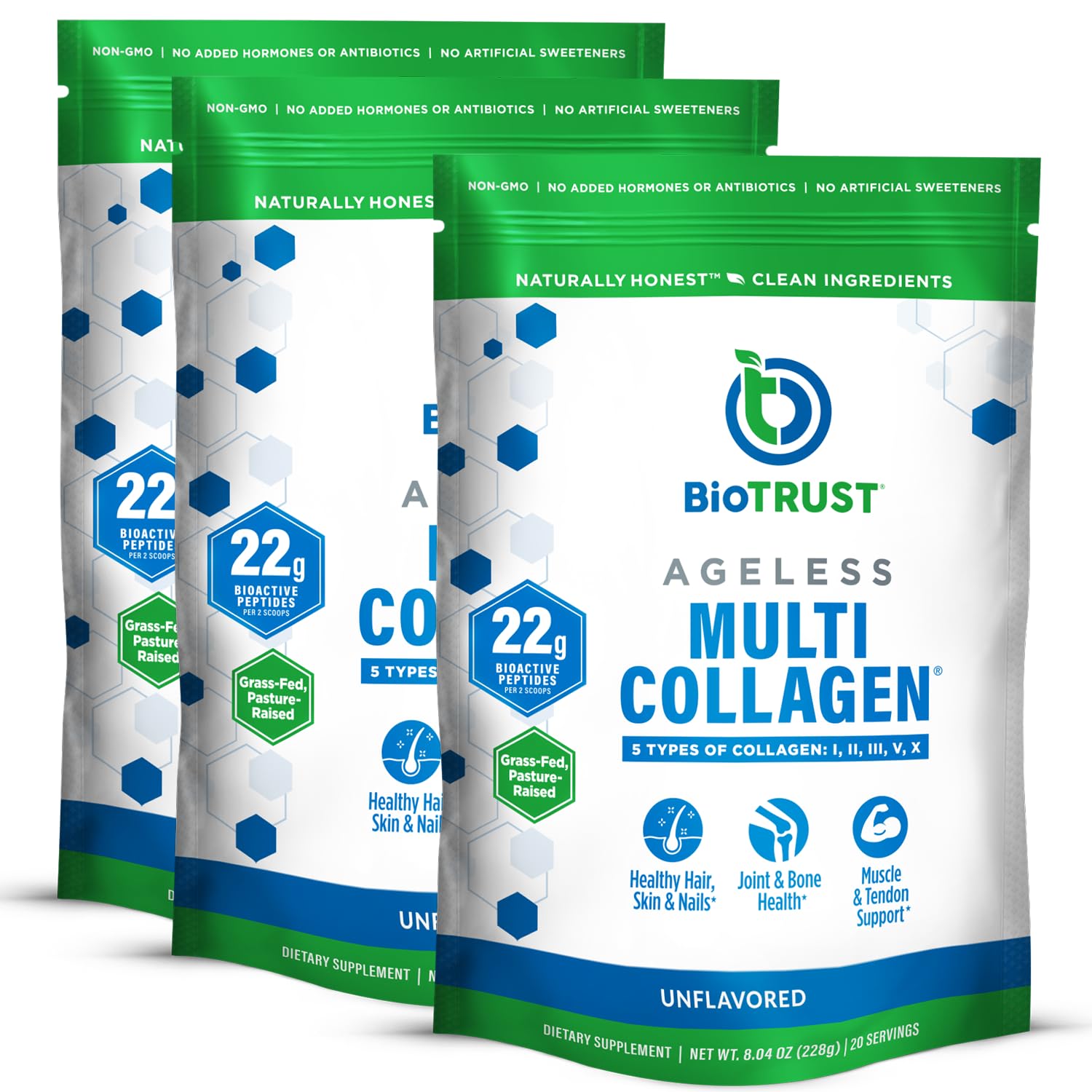 BioTrust Ageless Multi Collagen Peptides Powder – 5 Types (I, II, III, V, X) – 10g per Serving – 3-pk